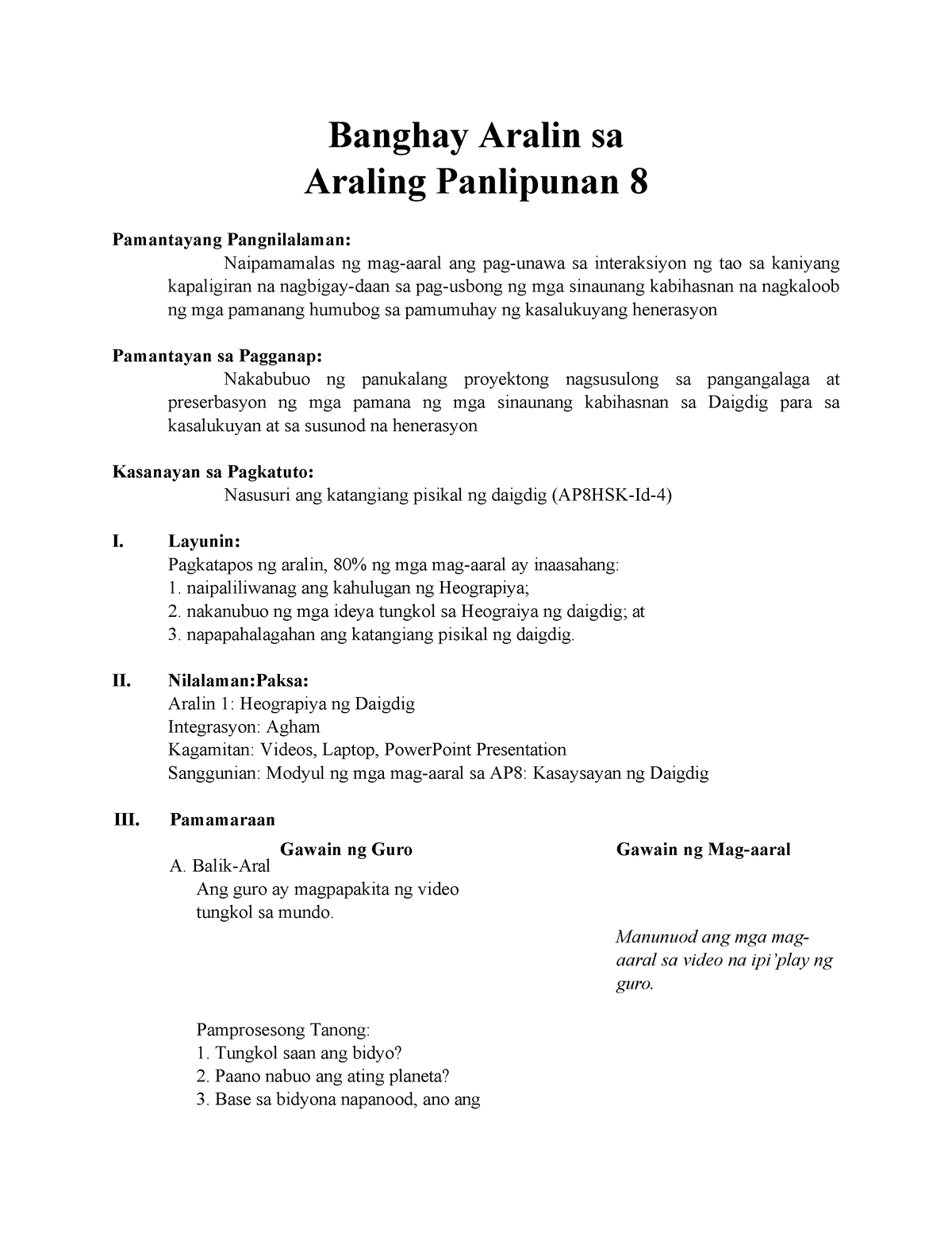 Heograpiya Ng Daigdig - Ap7W1 - Banghay Aralin Sa Araling Panlipunan 8 ...