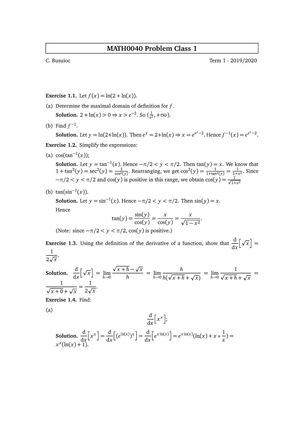 Problem Class 1 - Easy - Math0040 Problem Class 1 C. Busuioc Term 1 