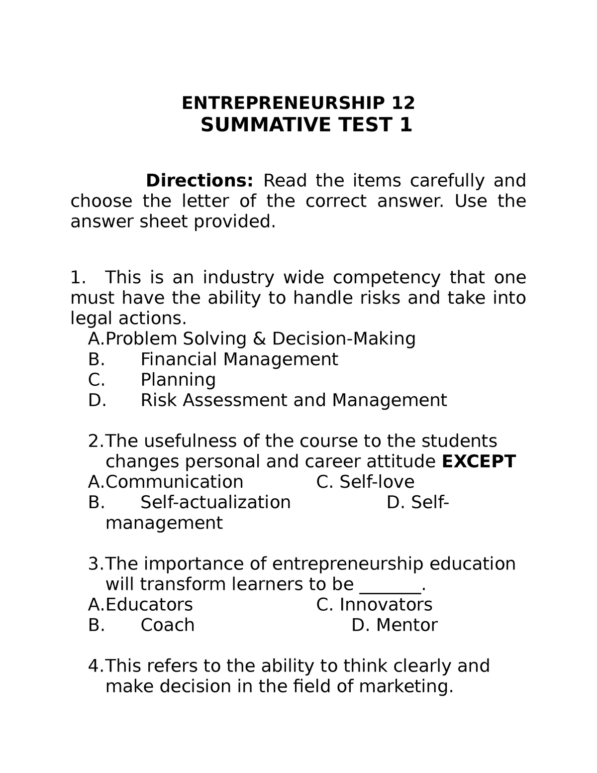 Entrep Summative QUIZ 1 - ENTREPRENEURSHIP 12 SUMMATIVE TEST 1 ...