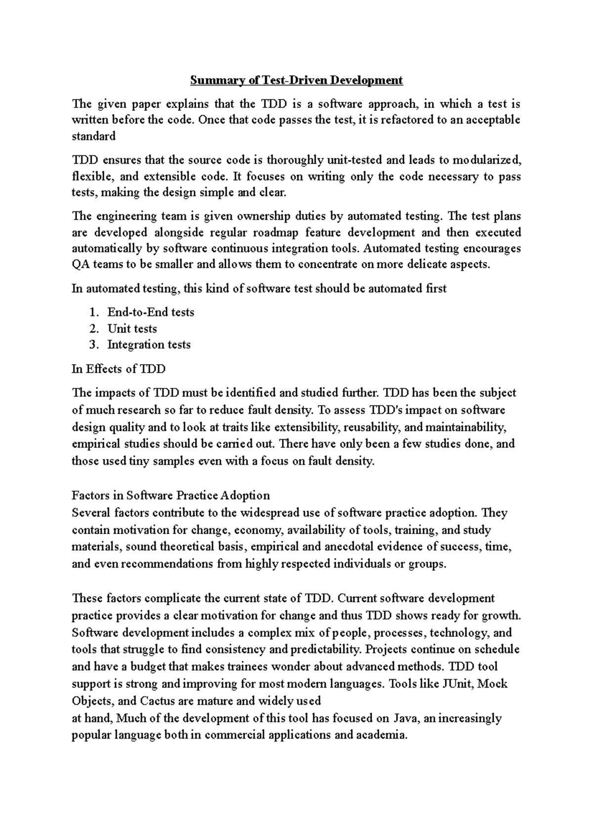 Summary of Paper 03 - Summary of Test-Driven Development The given ...