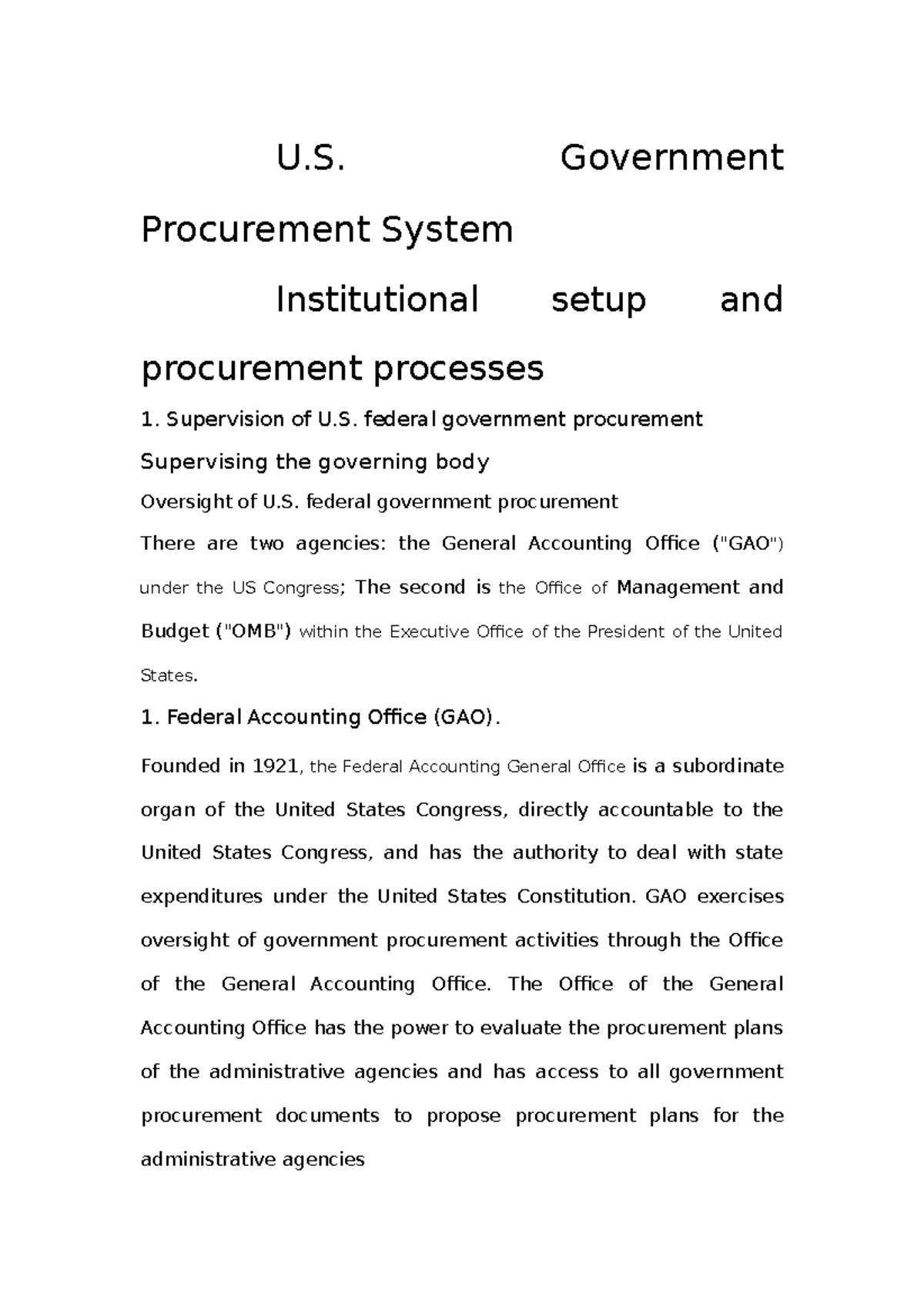 U.S. Government Procurement System Institutional setup and procurement ...