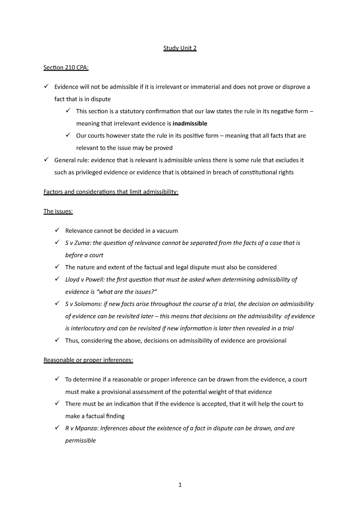 IURI 371 Test Notes - Study Unit 2 Section 210 CPA: Evidence Will Not ...