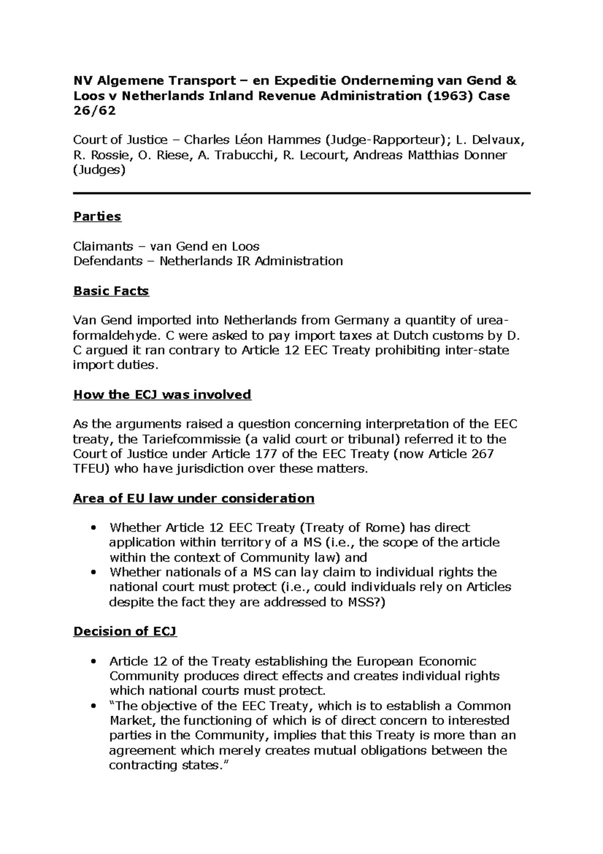 Van Gend en Loos Case Note