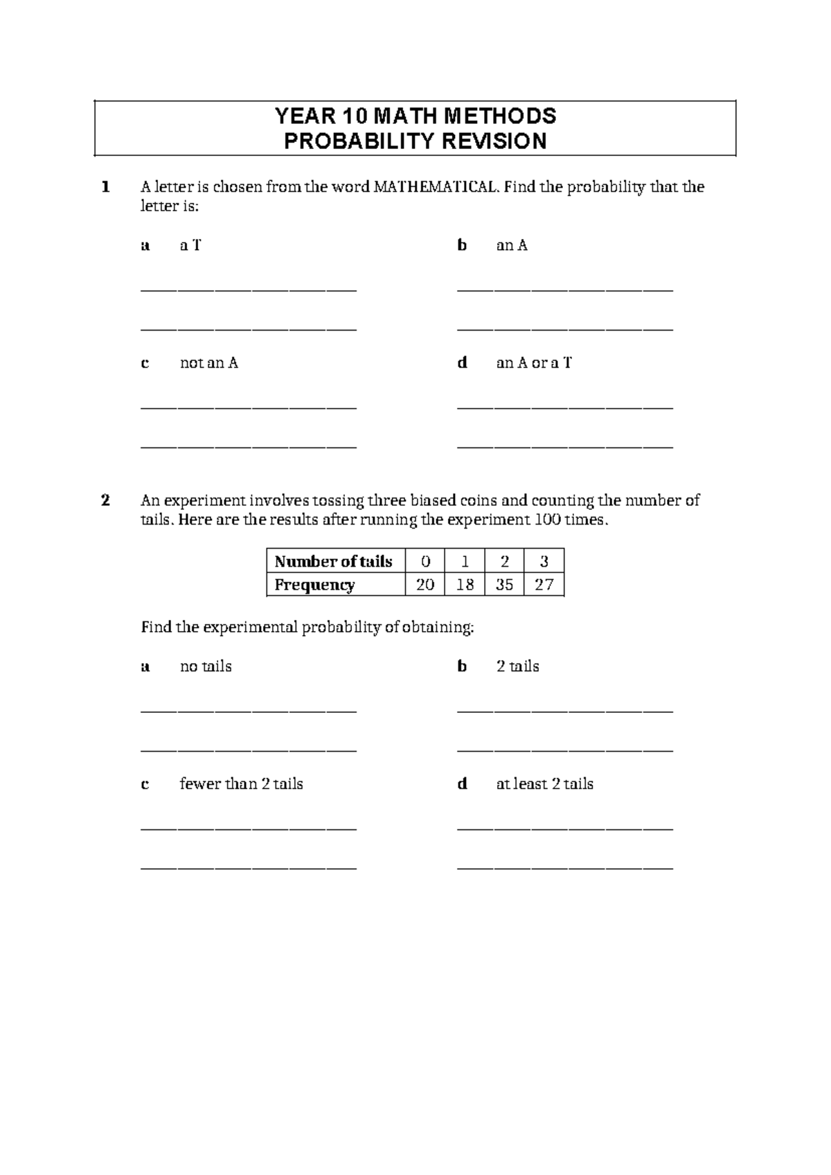10MM Probability Revision - YEAR 10 MATH METHODS PROBABILITY REVISION 1 ...