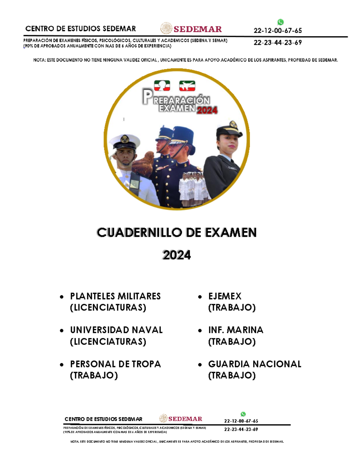 Examen Sedemar 2024 - CUADERNILLO DE EXAMEN 2024 PLANTELES MILITARES ...