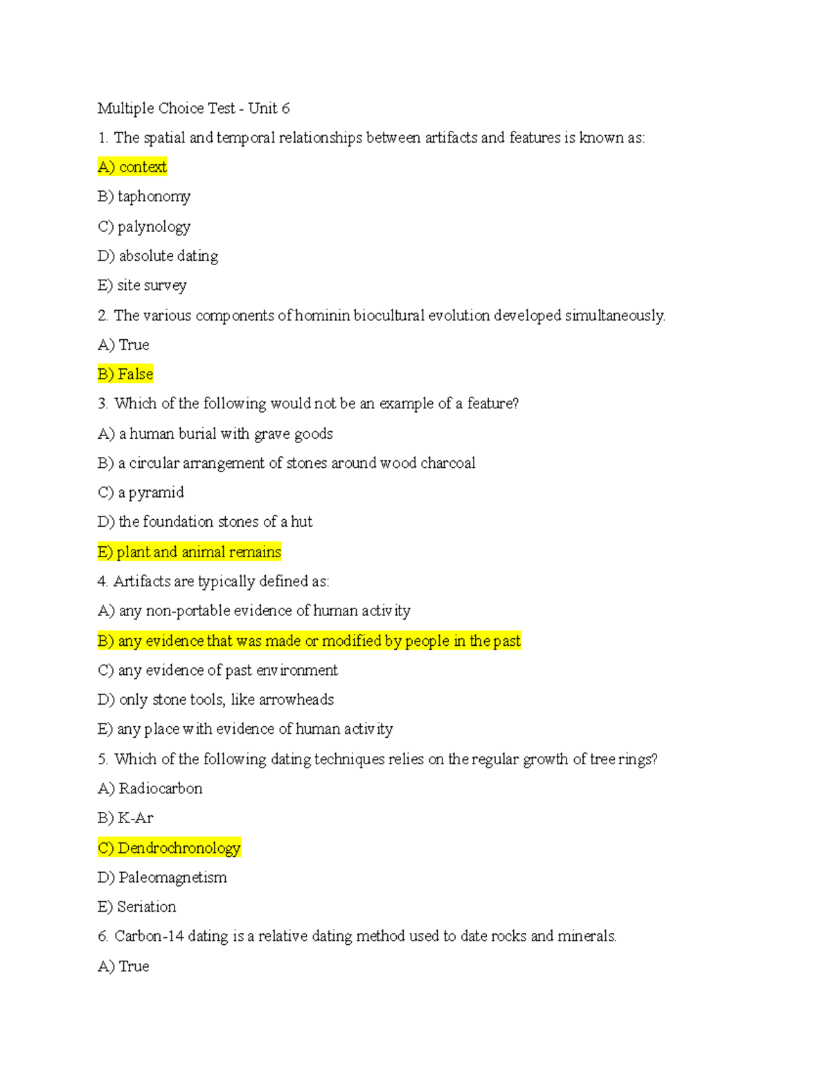 Multiple Choice Test - Unit 6 ANTH 1210 - Multiple Choice Test - Unit 6 ...