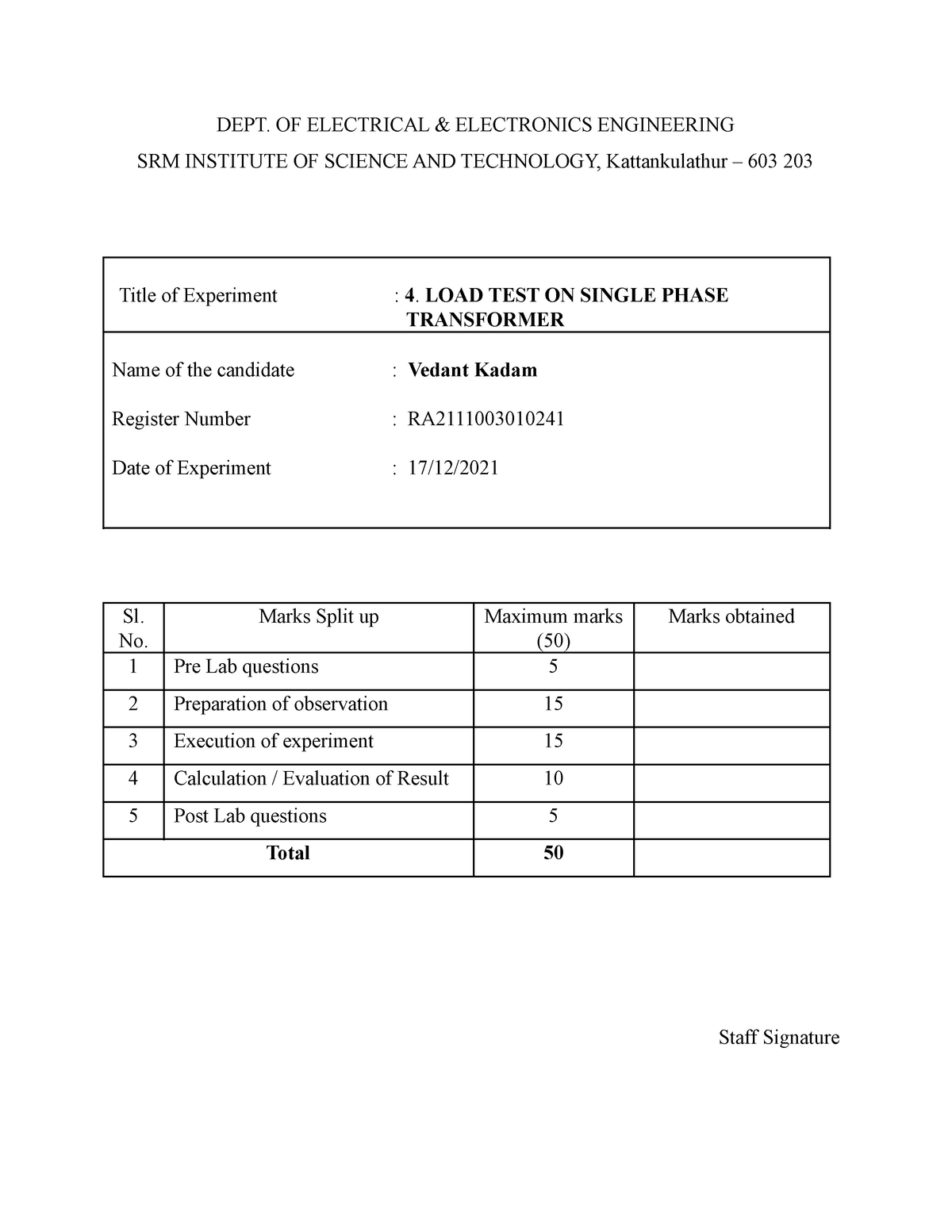 load test on single phase transformer experiment