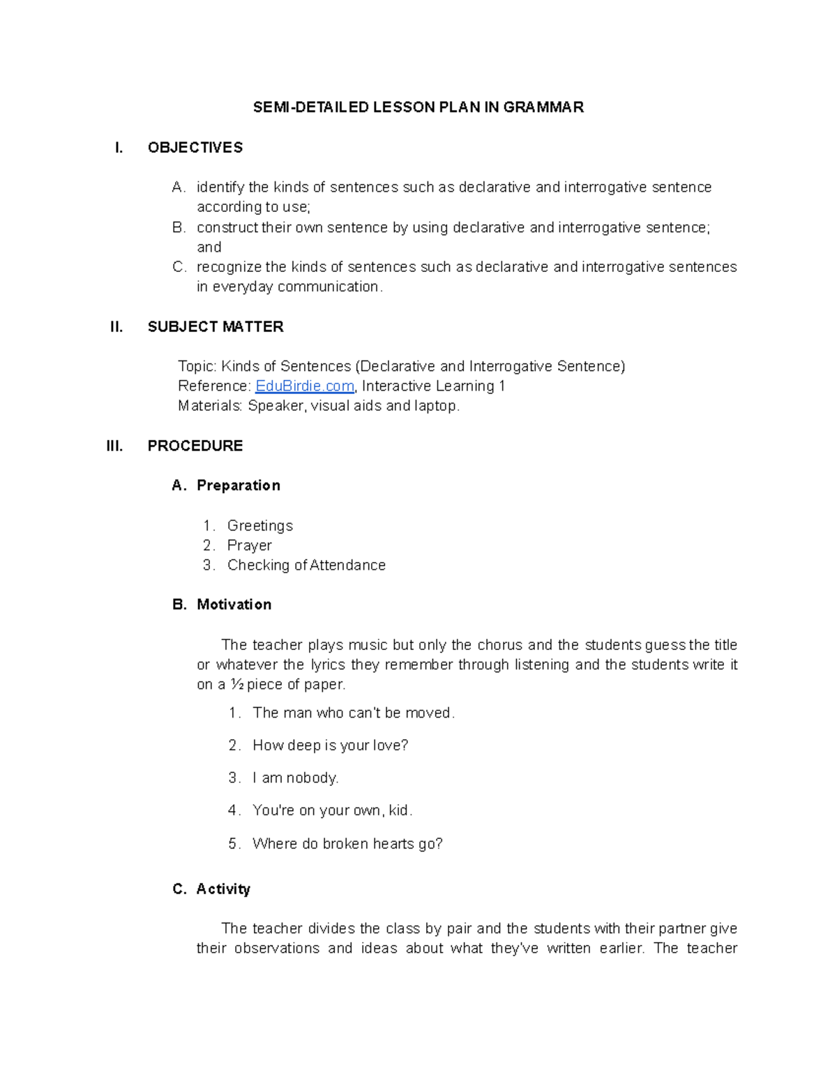 Reading And Writing Semi Detailed Lesson Plan at Stacey Friedman blog