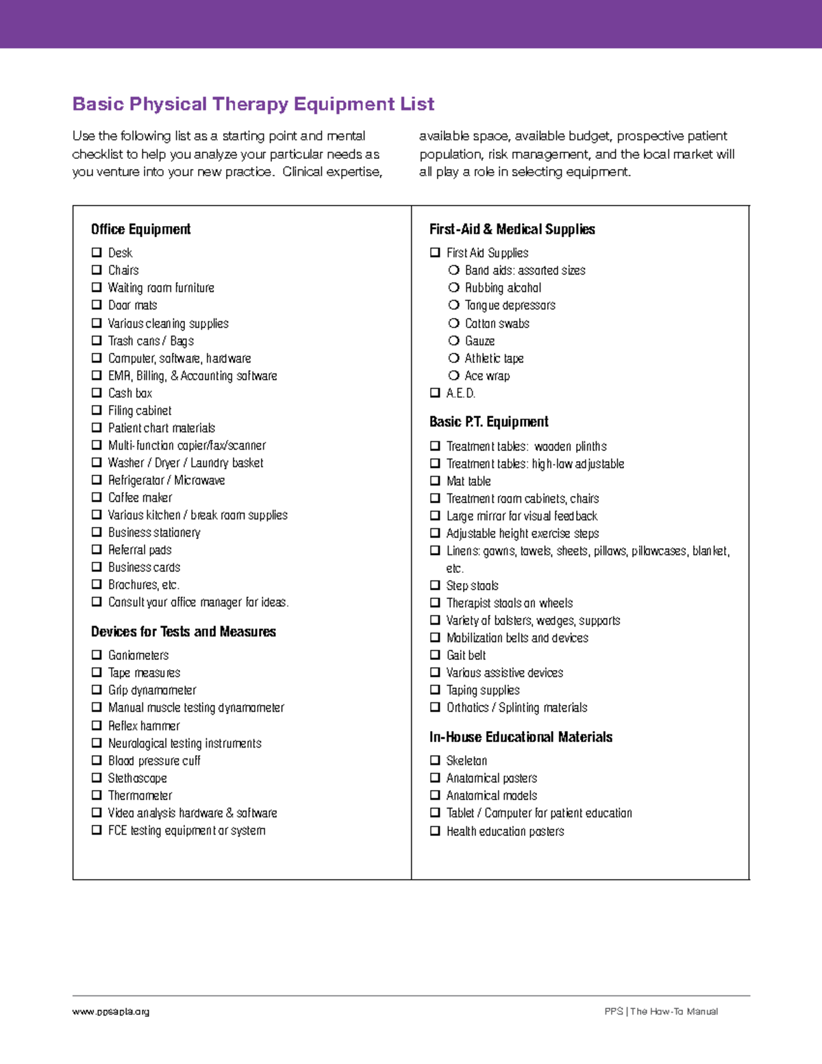Physical Therapy Equipment Checklist ppsapta PPS The HowTo Manual