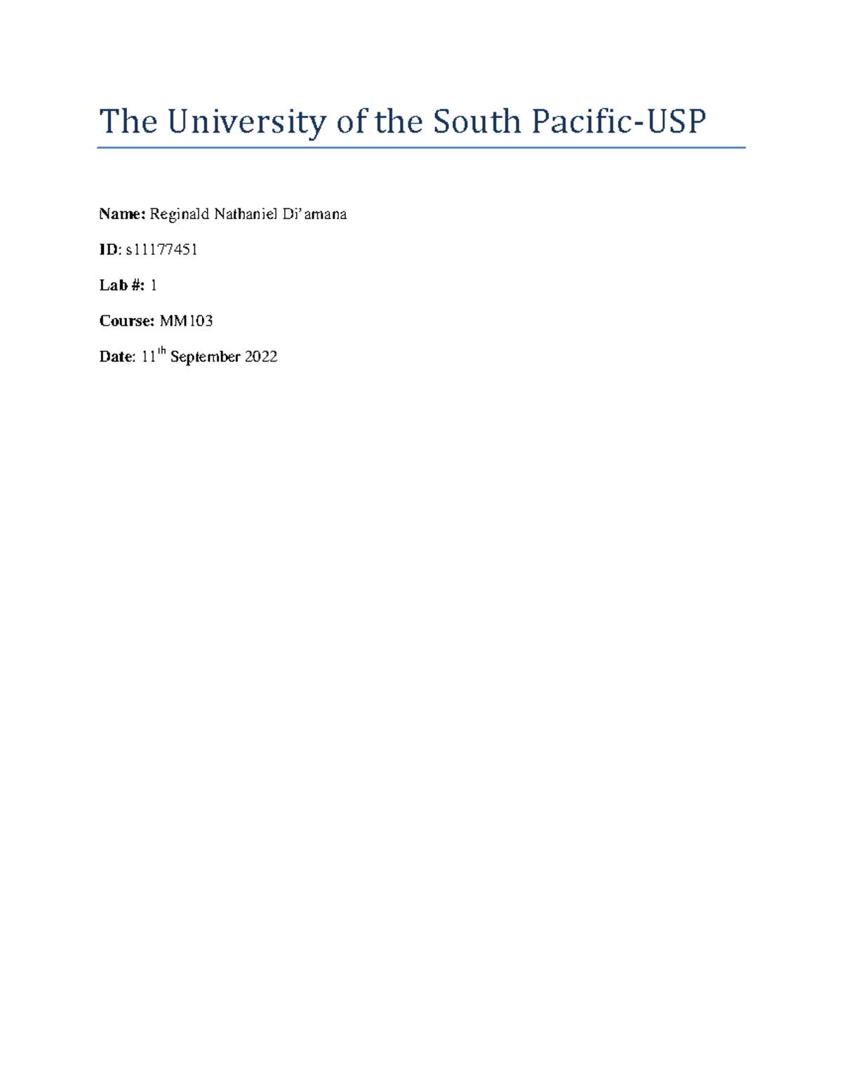 MM103 LAB 1 2022 S11177451 - The University of the South Pacific-USP