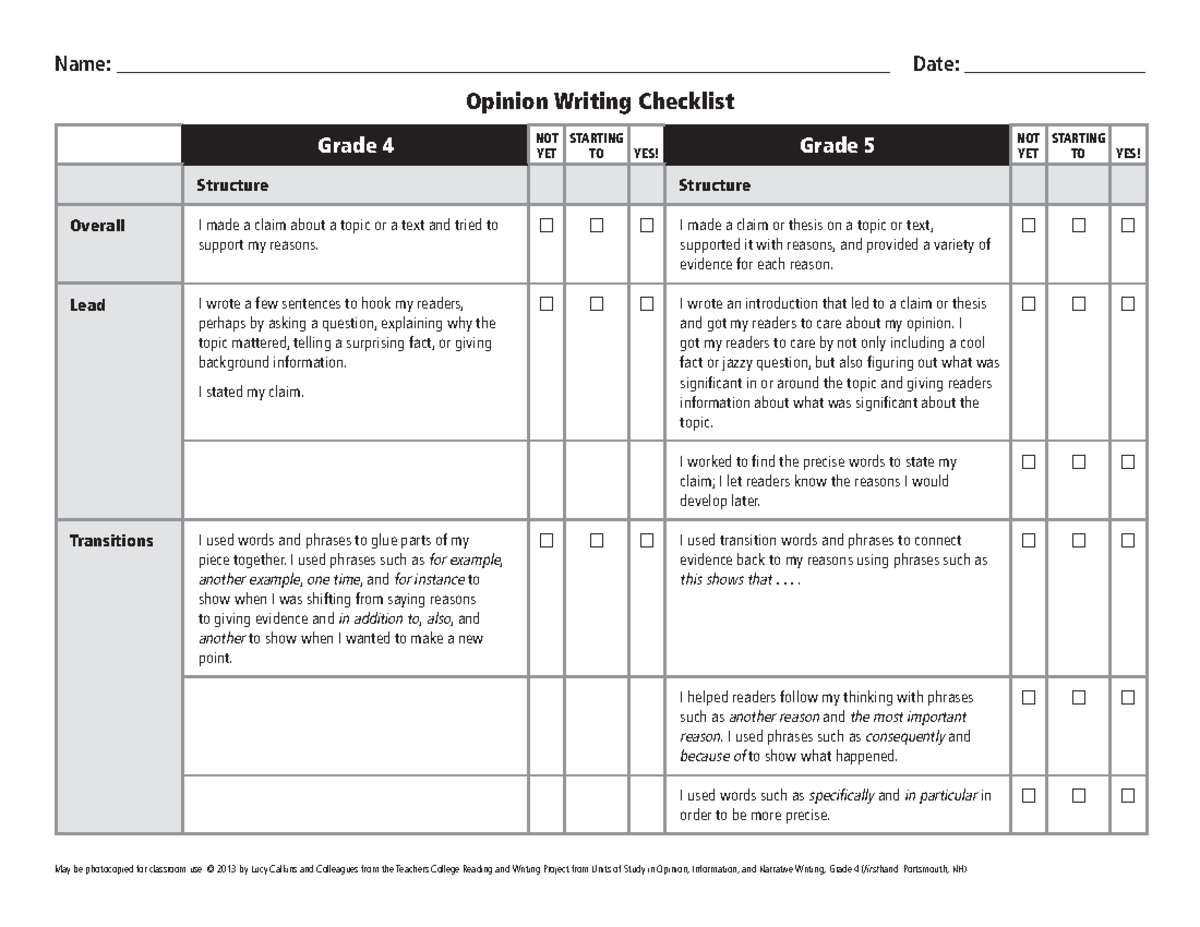 45 Opinion √ List notes Opinion Writing Checklist Grade 4 NOT YET