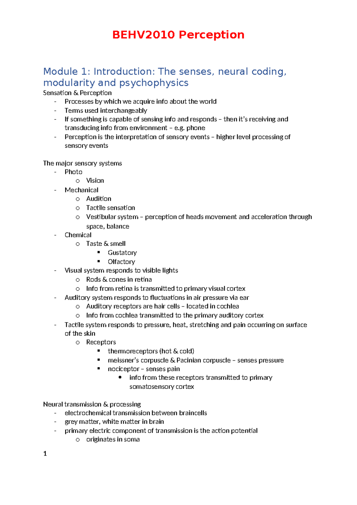 BEHV2010 Perception - Module 1: Introduction: The senses, neural coding ...