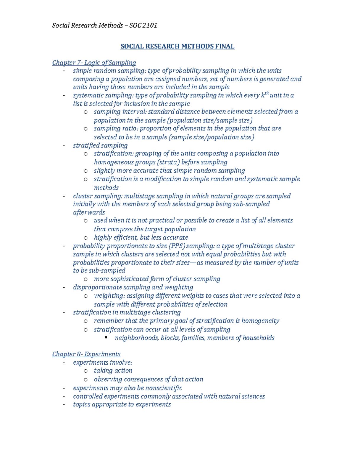Social Research Methods: Sampling Experiments and Survey Research - Studocu