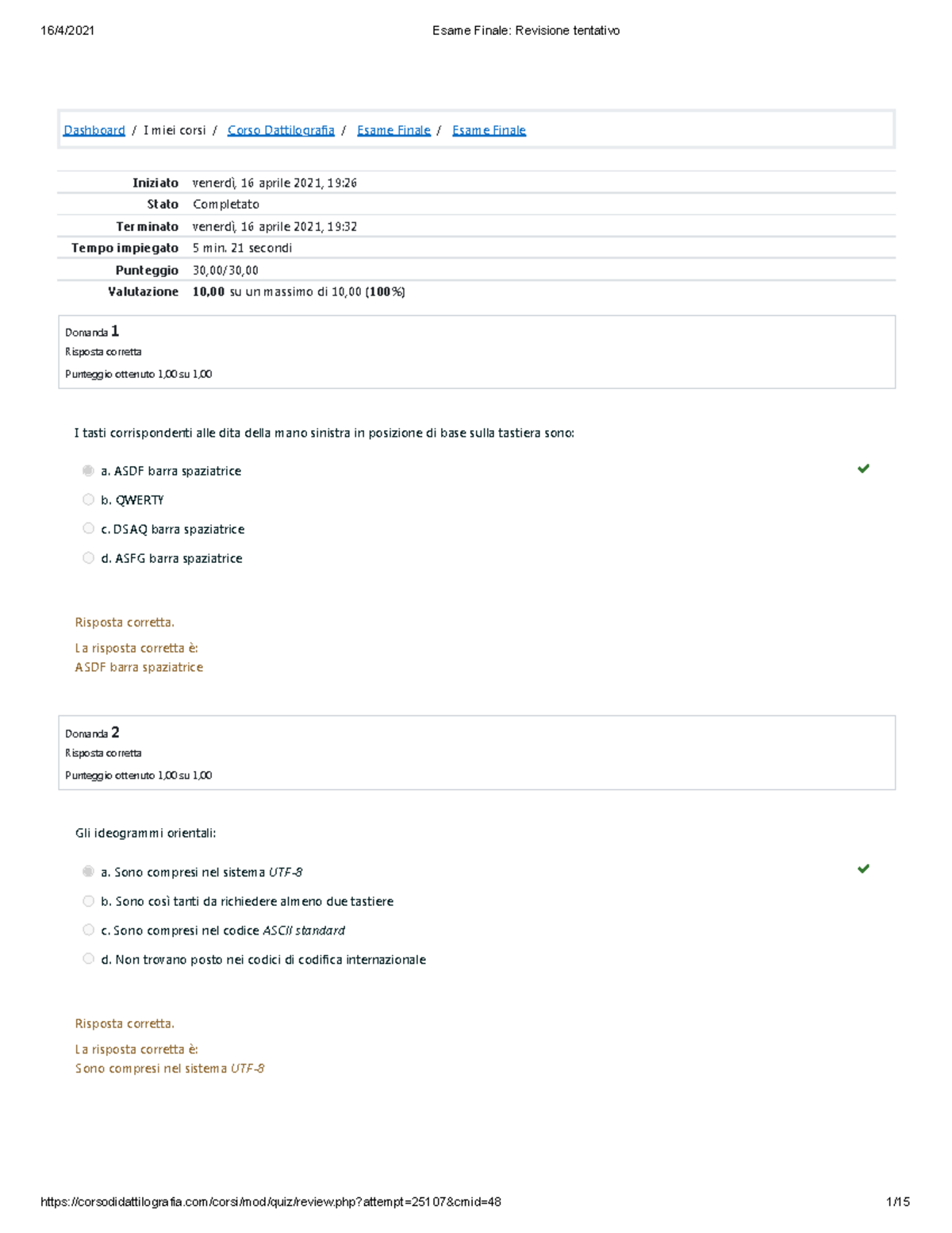 Esame Finale Revisione Tentativo - Dashboard/I Miei Corsi/ Corso ...