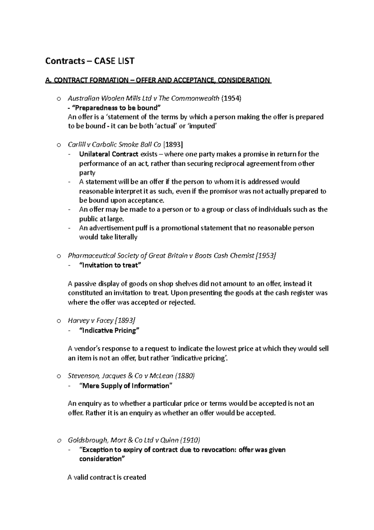 Contracts Case List This Document Contains A List Of Cases For 