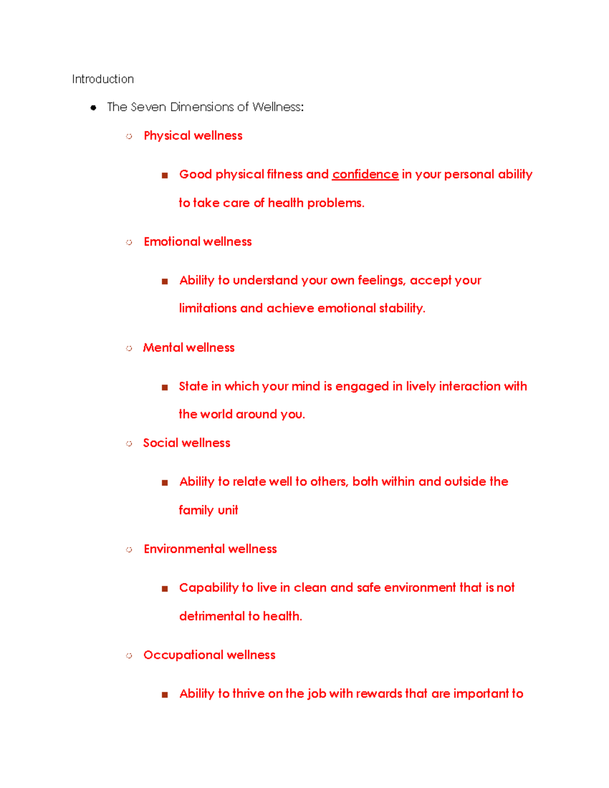 Chapter 1 notes 205 - Introduction The Seven Dimensions of Wellness ...