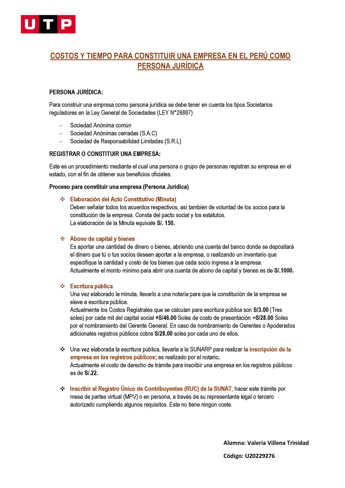 Costos Y Tiempo PARA Constituir UNA Empresa- Valeria Villena - COSTOS Y ...