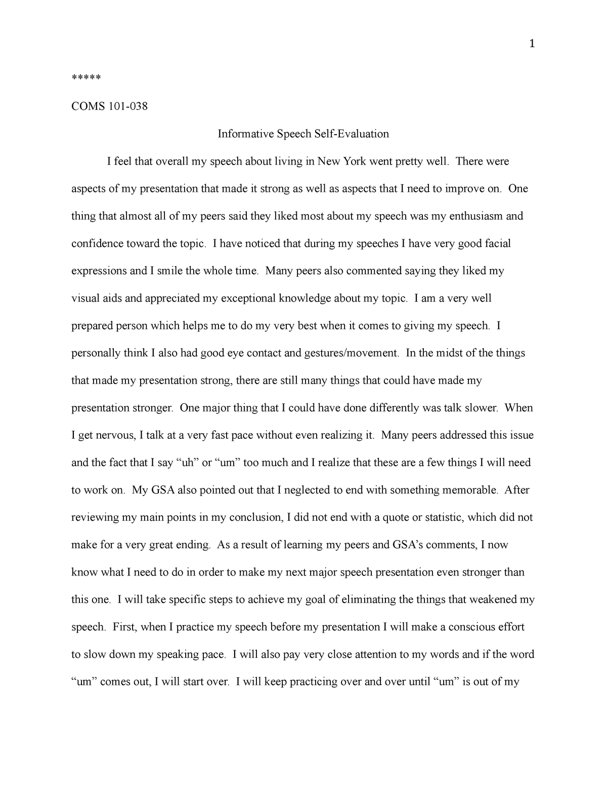 speech self evaluation essay