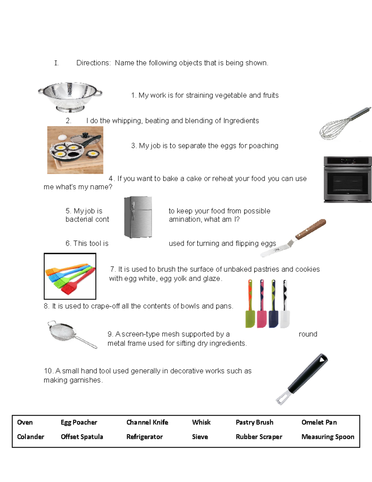 1st quiz TLE (10) - tle cookery 10 - I. Directions: Name the following ...