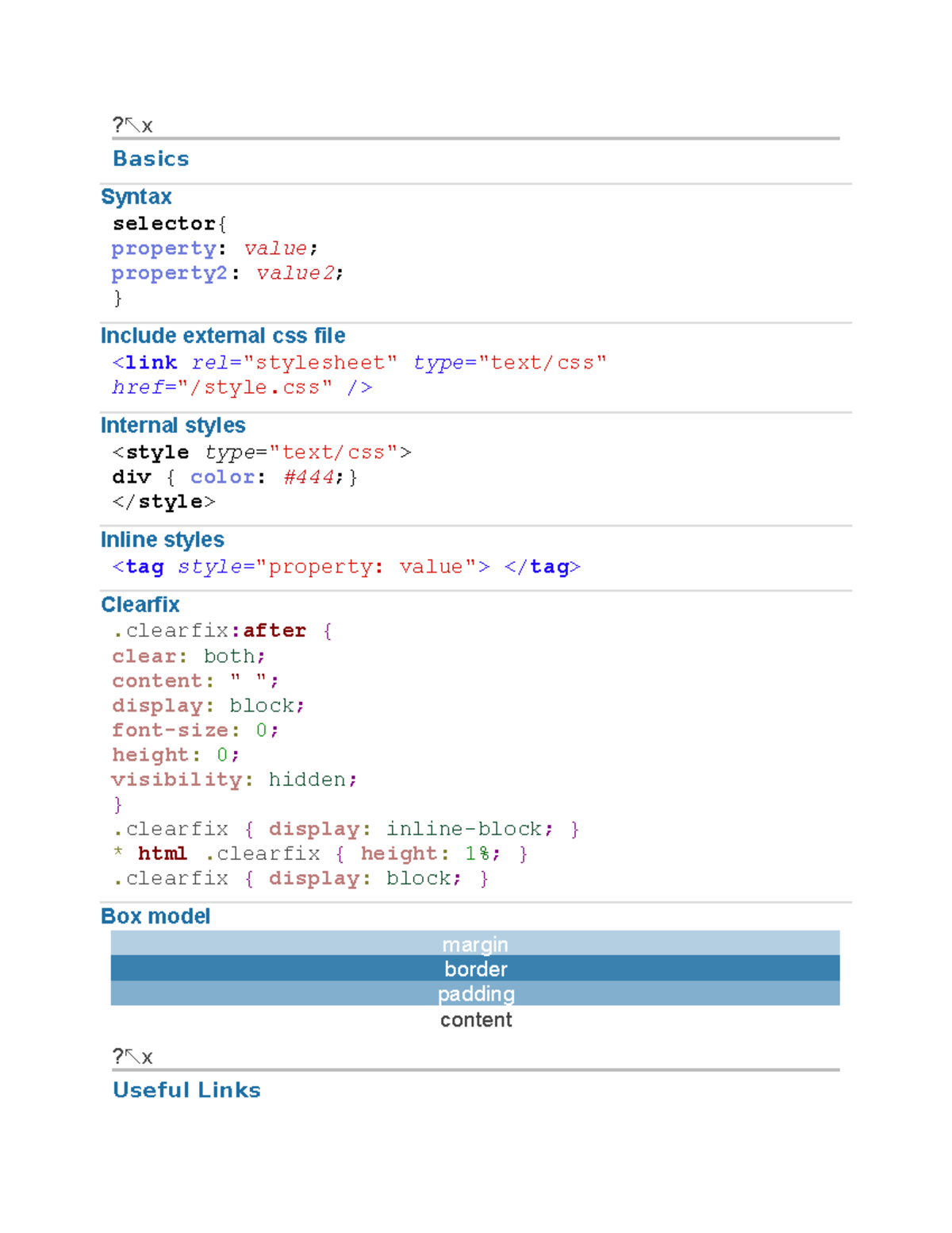 Cheat Sheet Css - ?↖x Basics Syntax Selector{ Property: Value ...