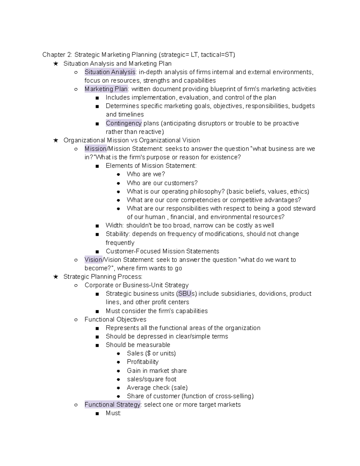 Chapter 2 notes - Chapter 2: Strategic Marketing Planning (strategic ...