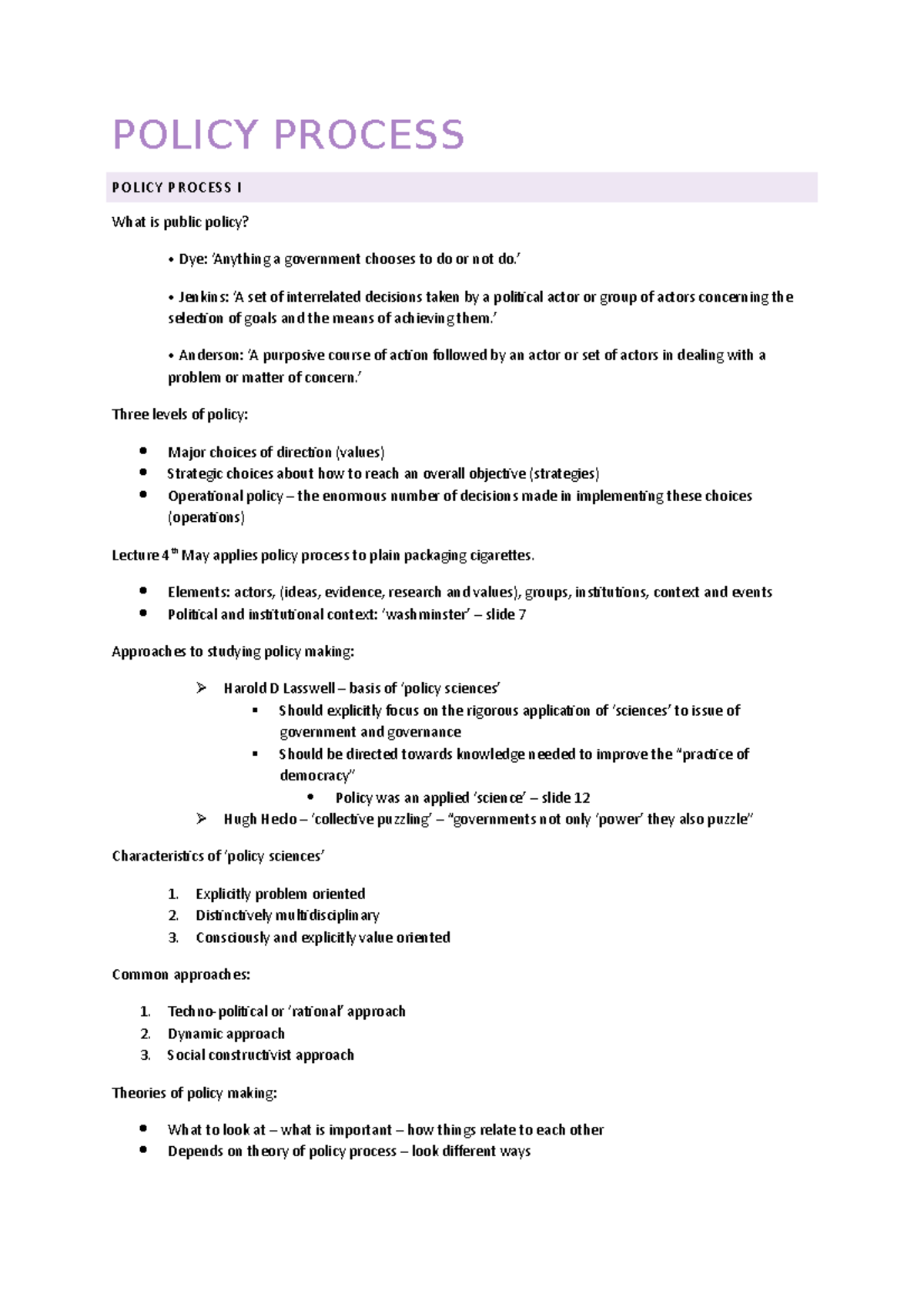 Pols2009 Summary - POLICY PROCESS POLICY PROCESS I What is public ...