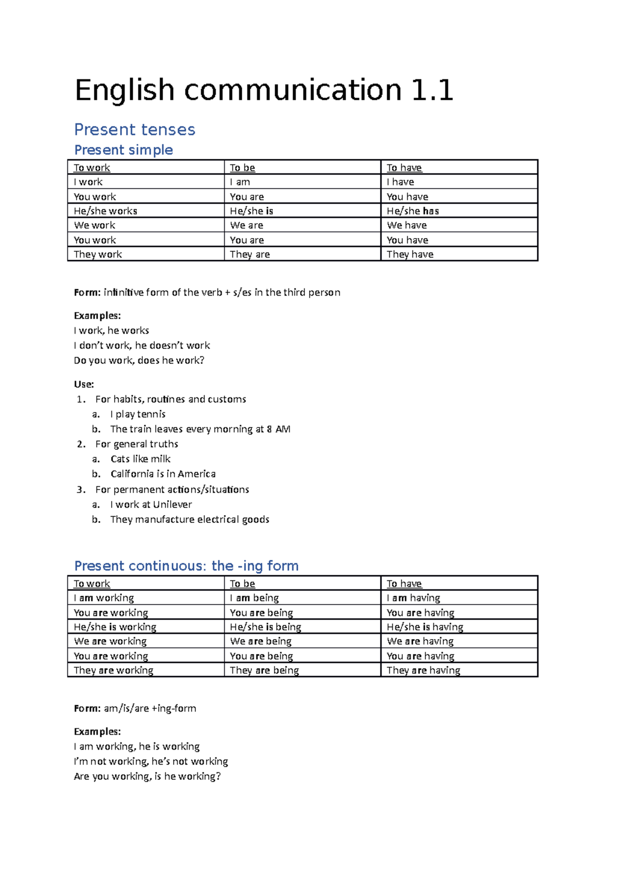 English communication 1 tenses - English communication 1 Present tenses ...