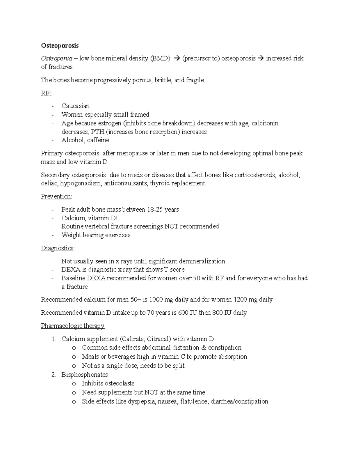 Osteoporosis - Notes - Osteoporosis Osteopenia – Low Bone Mineral 