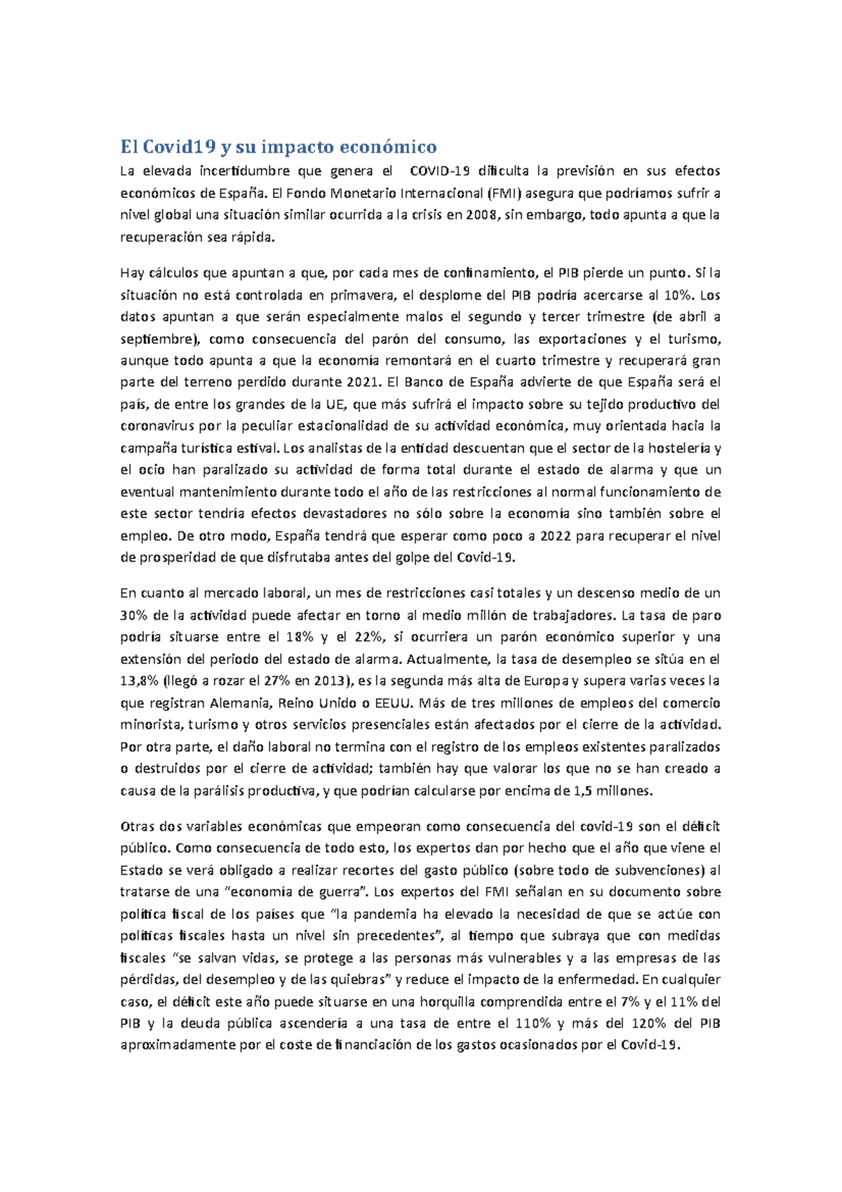 El Covid 19 y su impacto económico - El Covid19 y su impacto económico ...