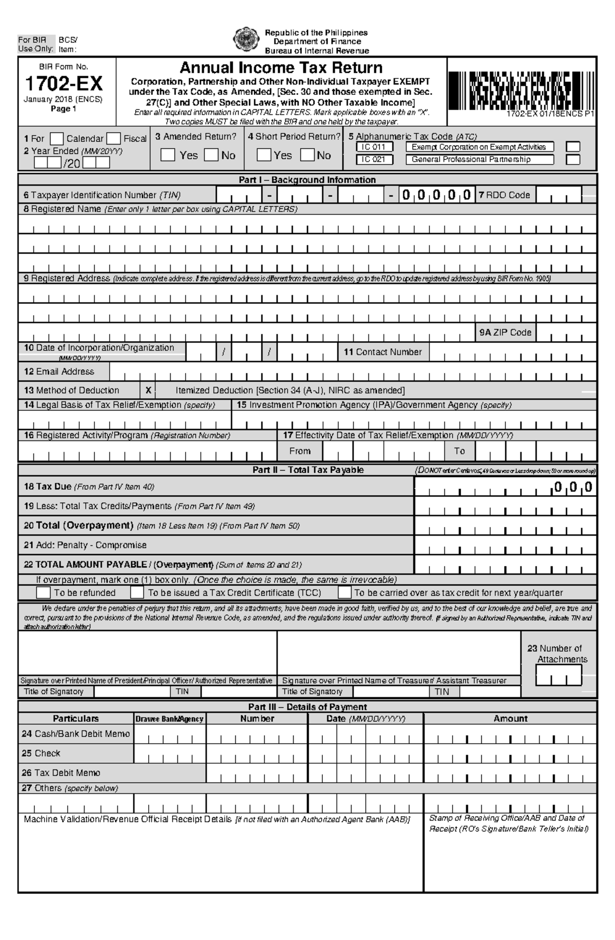 1702-EX Jan 2018 ENCS Final v3 - BIR Form No. 1702 - EX January 2018 ...