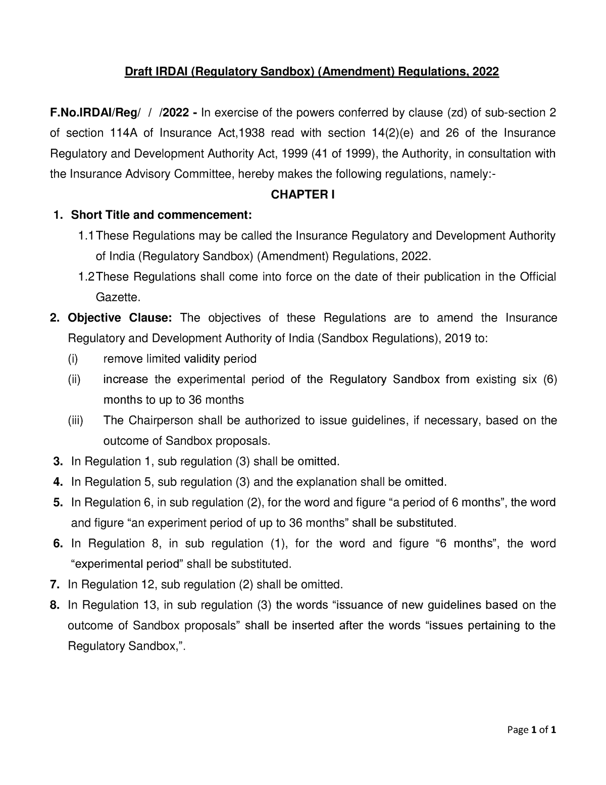 Annexure A - Draft Reg Sandbox Regulations-Amendment 2022 - Page 1 Of 1 ...