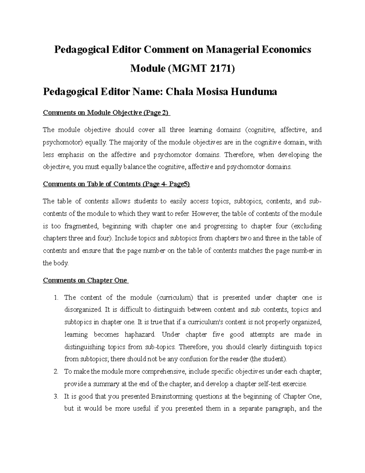 Pedagogical Editor Comment on Managerial Economics Module - The ...