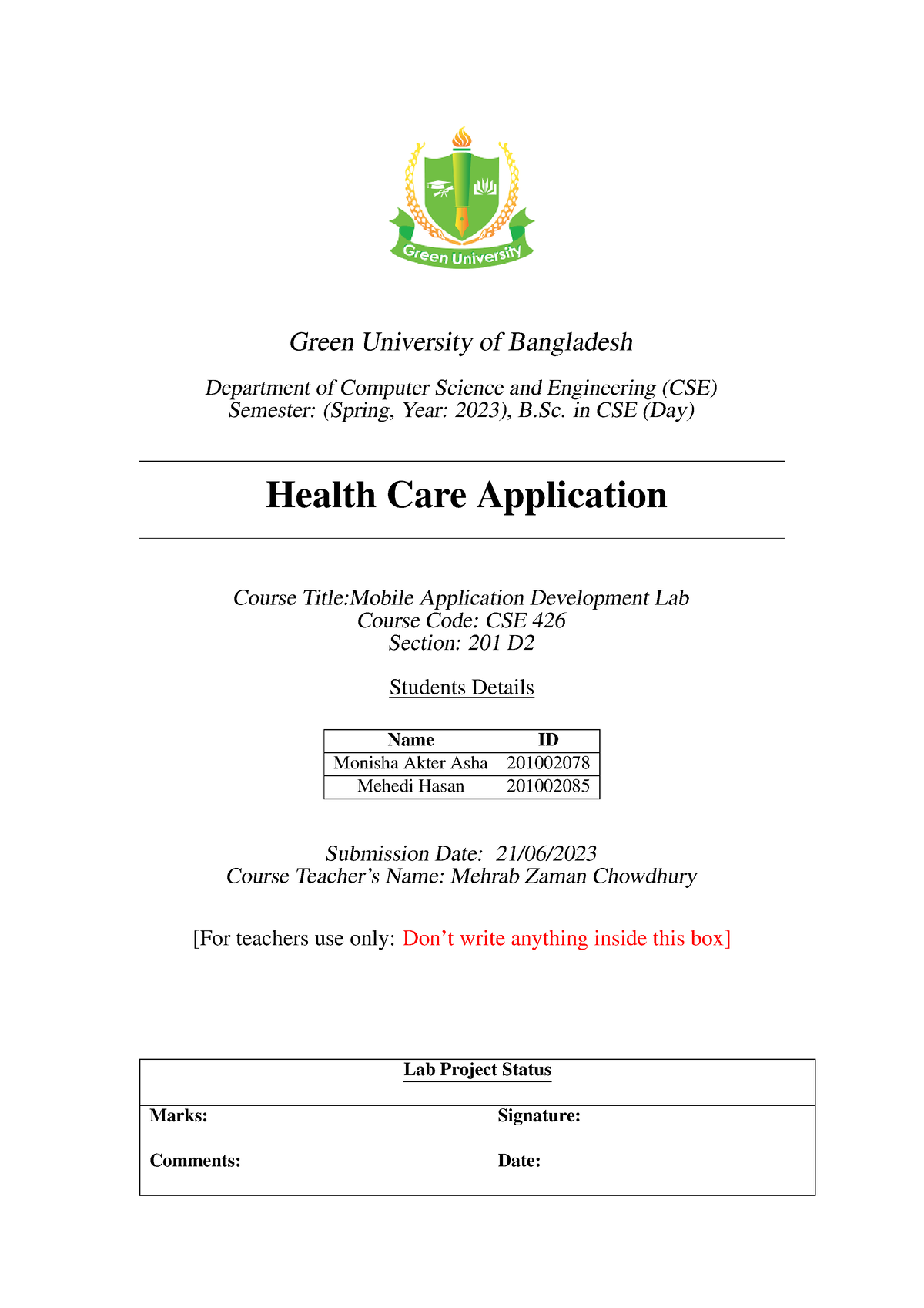 Health Care Application - Green University Of Bangladesh Department Of ...