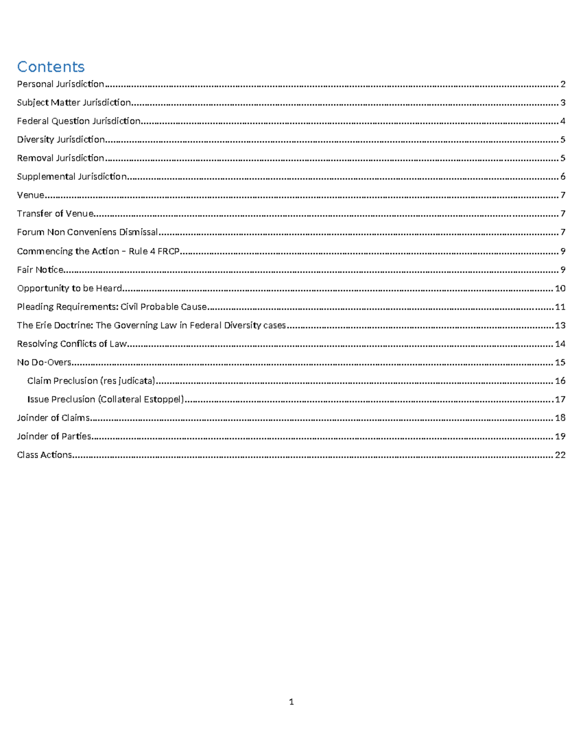 Civil Procedure Outline - Contents Personal - Studocu