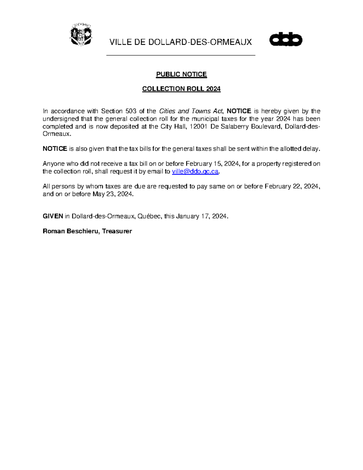 Public Notice Collection 2024 pdfa VILLE DE DOLLARDDESORMEAUX