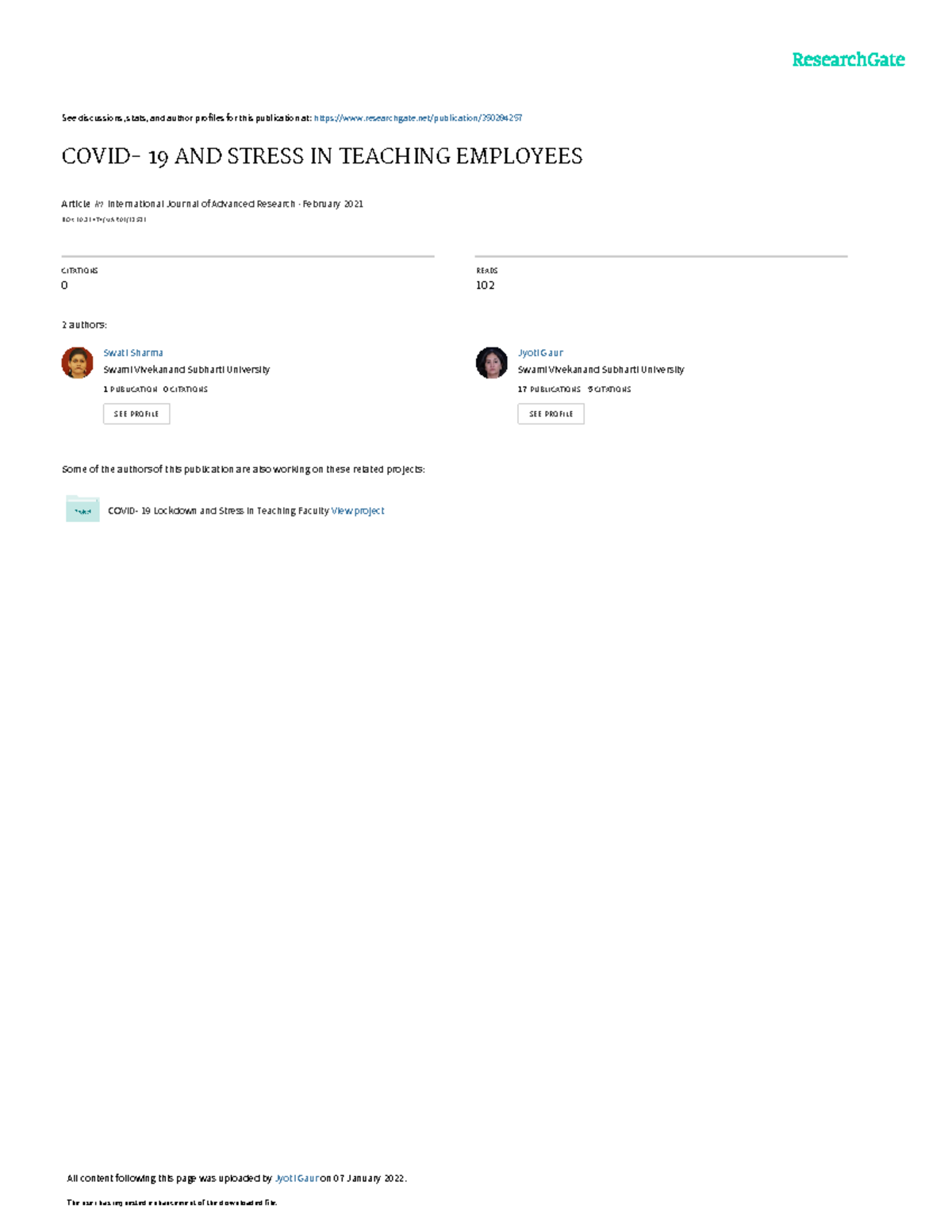 Article Covid 19 and Stress in Teaching Employees - See discussions ...