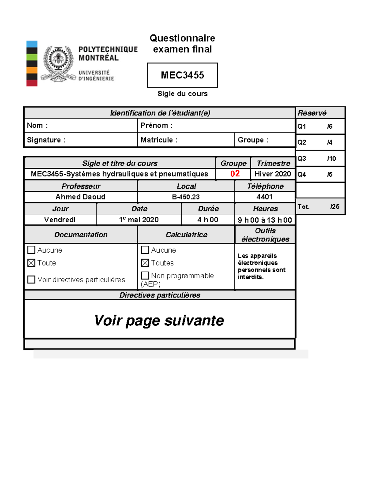 H2020-Énoncé - Old exam - Questionnaire examen final MEC Sigle du cours ...