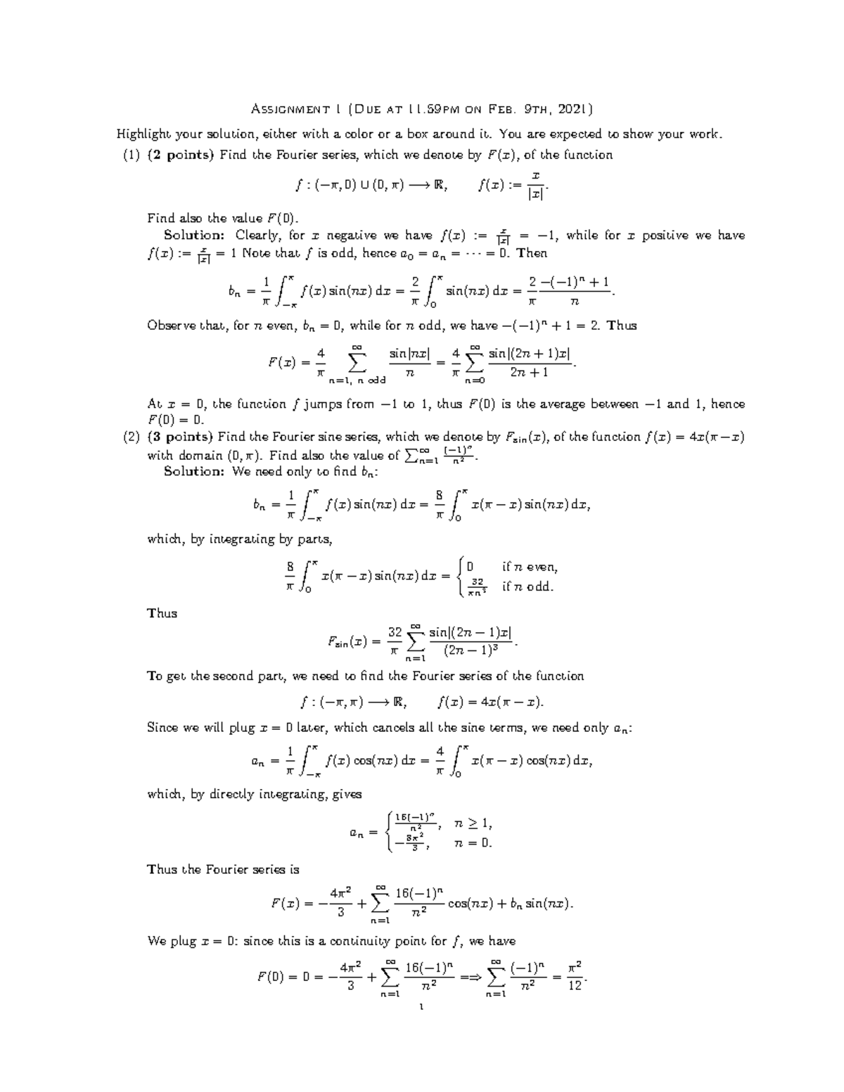 Assignment 1 Solutions - Assignment 1 (Due At 11 On Feb. 9th, 2021 ...