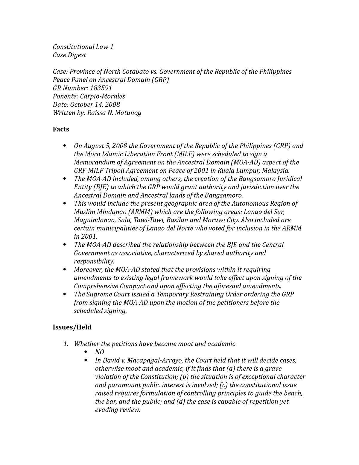 Province of North Cotabato vs GRP - Government of the Republic of the ...