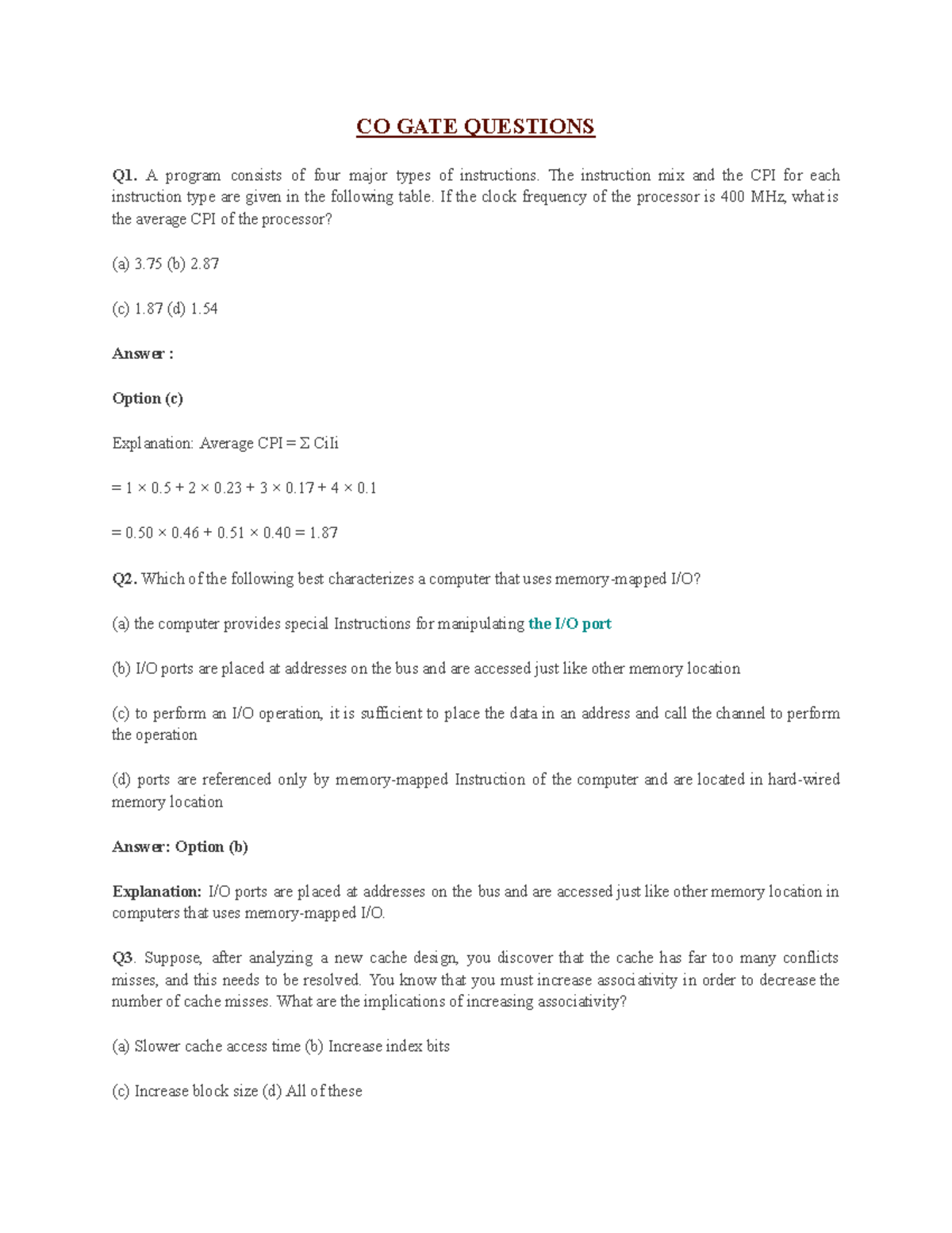 Co gate ques - CO GATE QUESTIONS Q1 type are given in the following ...