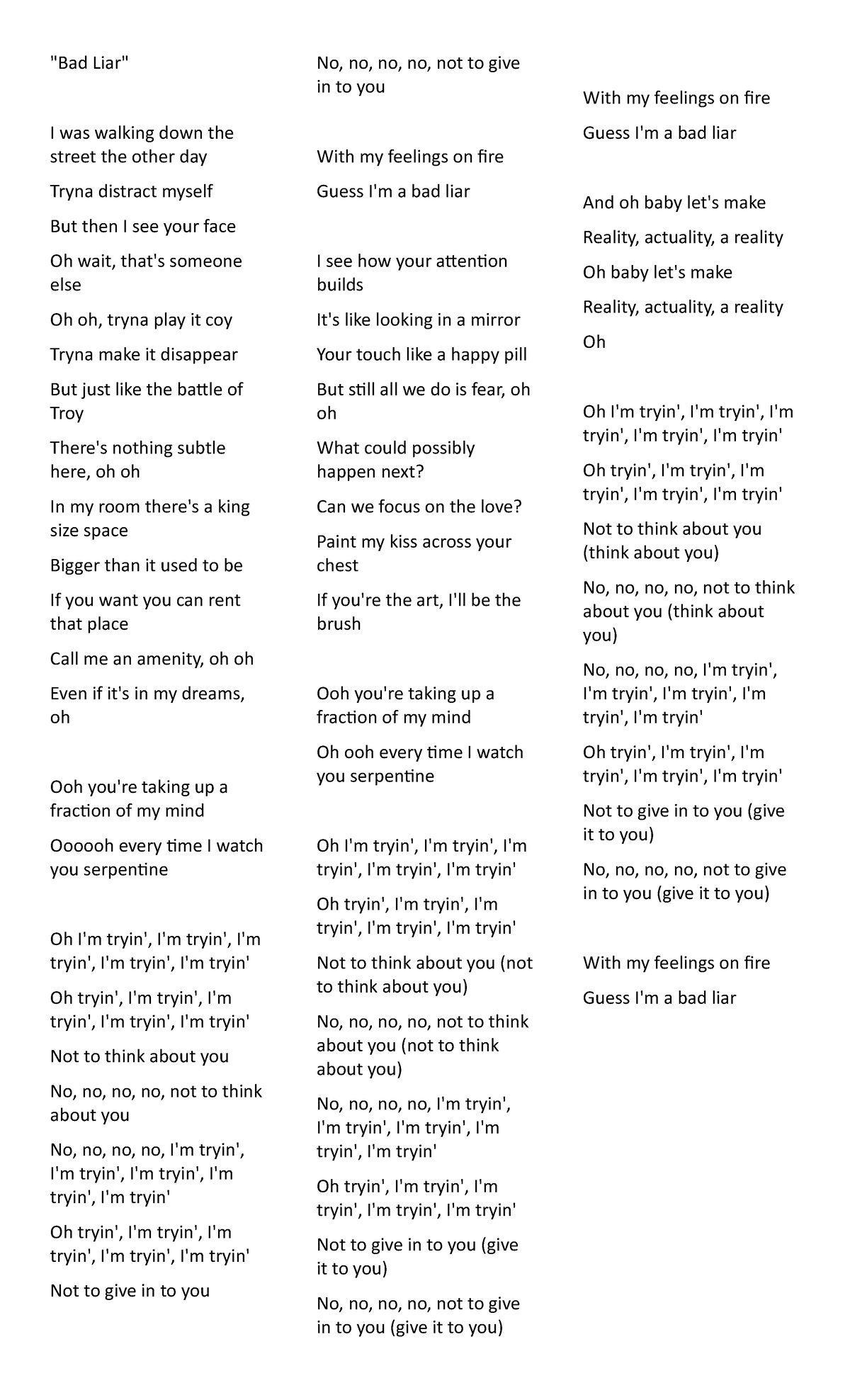 Bad Liar LYRICS (PDF) - TOPIC ON MUSIC STUDIES (MAPEH) - AY 2021-2022 ...