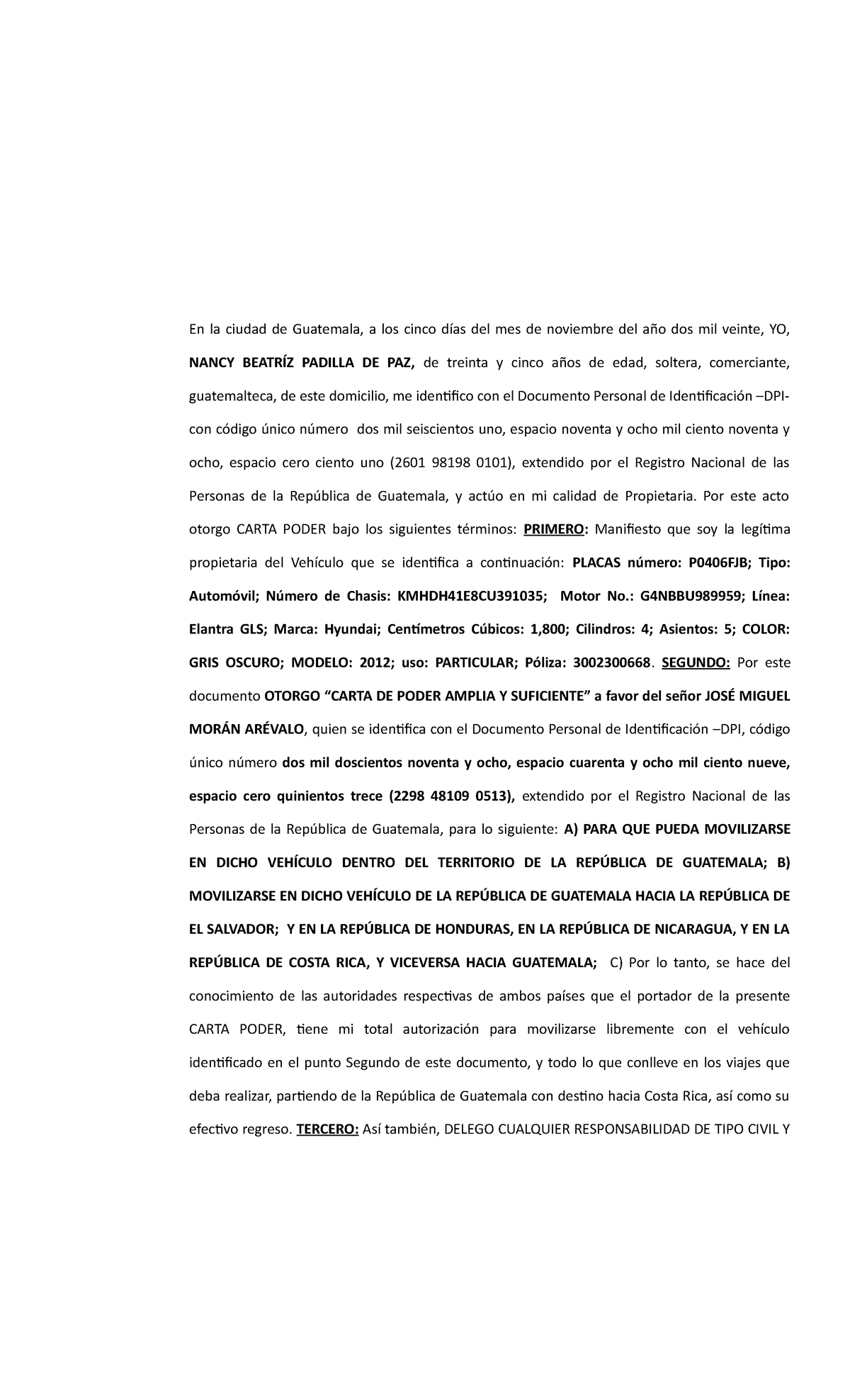 Carta Poder Para Circular Vehículo Fuera Del País En La Ciudad De Guatemala A Los Cinco Días 5848