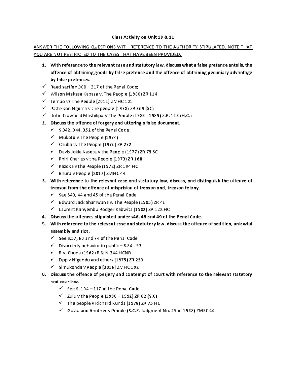 Activity Offences against the State Class Activity on Unit 10 & 11