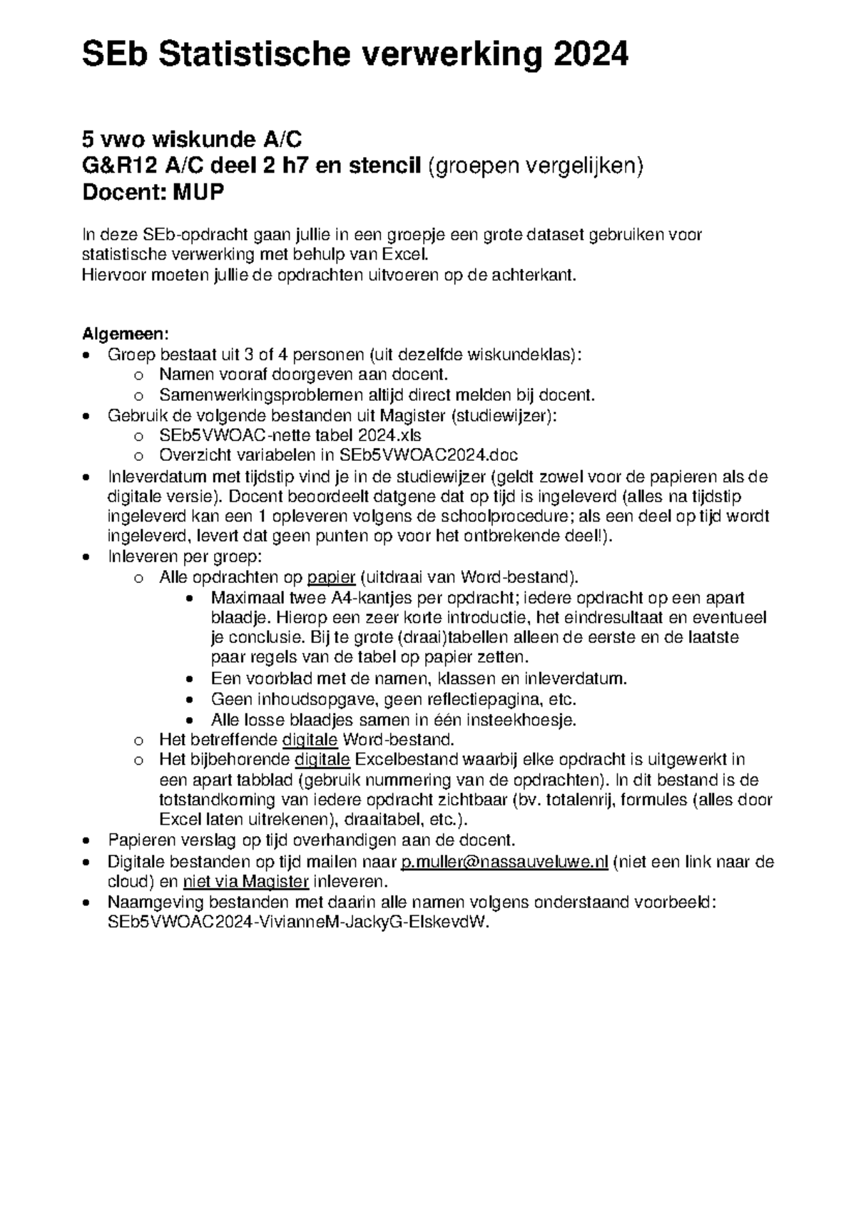 SEb 5 vwo wiskunde AC opdracht 2024 - SEb Statistische verwerking 2024 ...