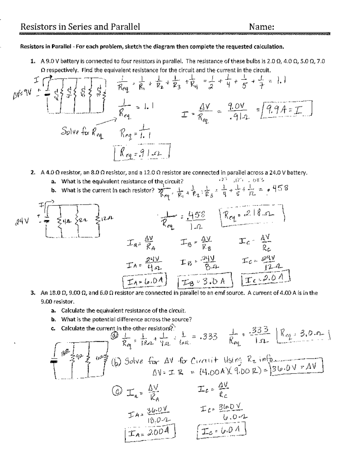Resistors in Series and Parallel Worksheet Solutions Resistors in