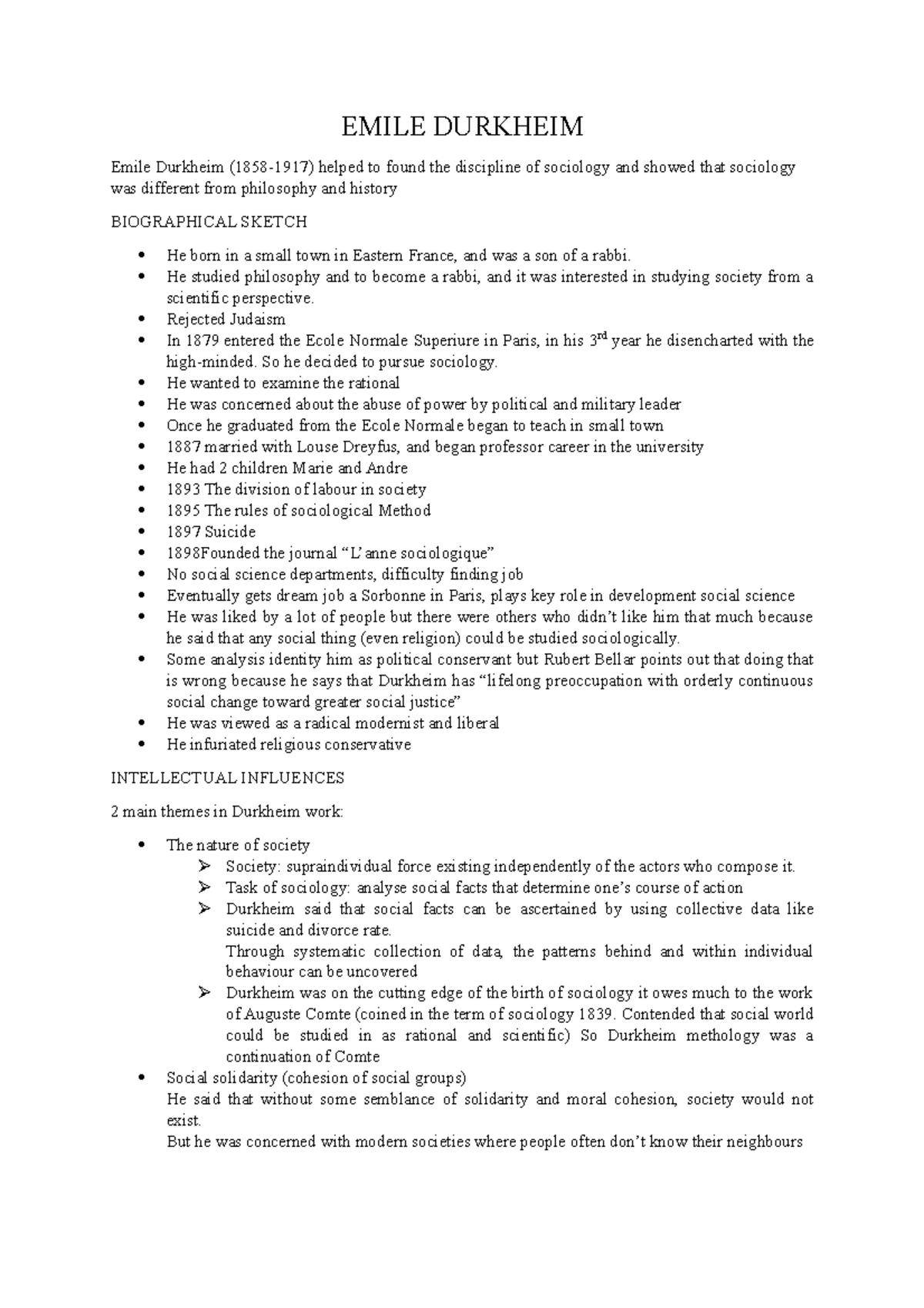 Emile Durkheim - Lecture notes Second semester - EMILE DURKHEIM Emile ...