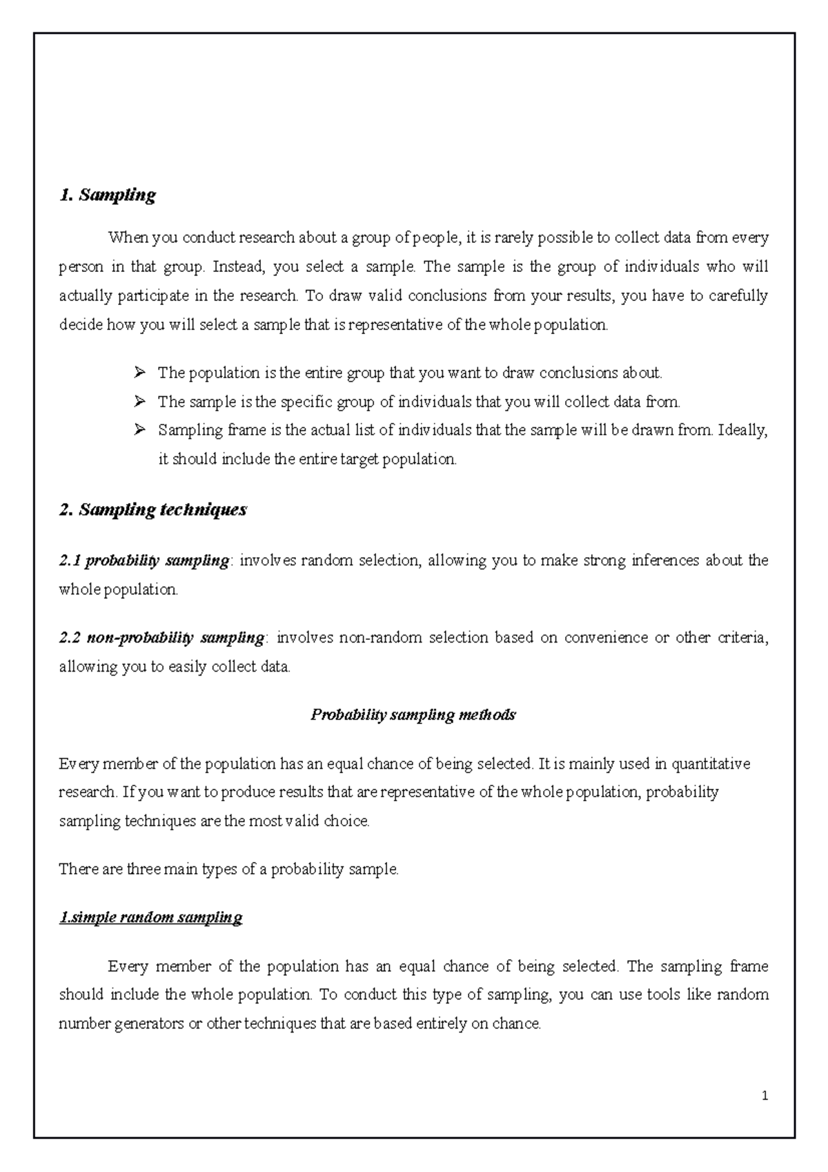 Sampling - 1. Sampling When you conduct research about a group of ...