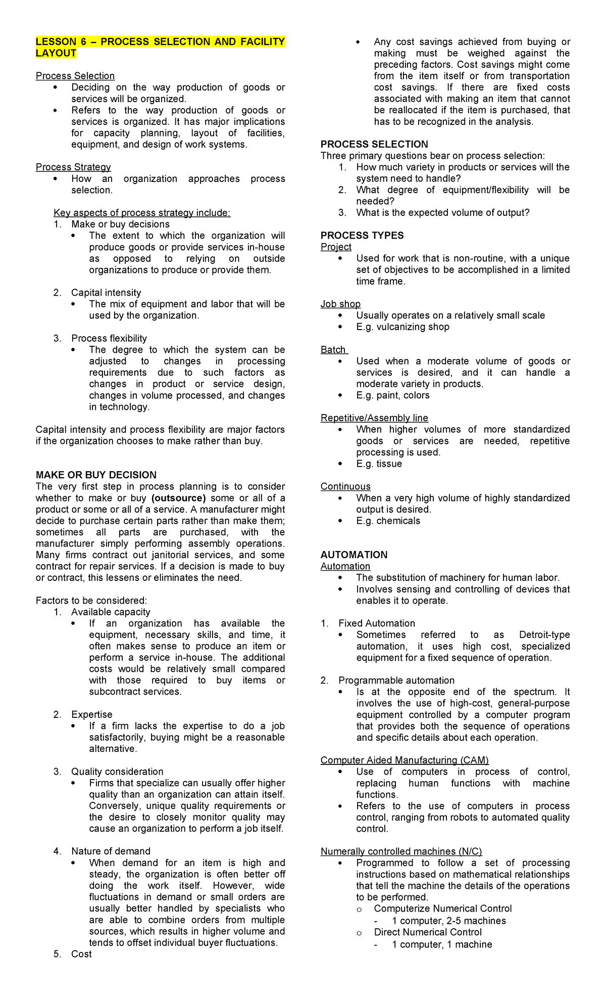 Lesson 6 - Process Selection and Facility Layout - LESSON 6 – PROCESS ...