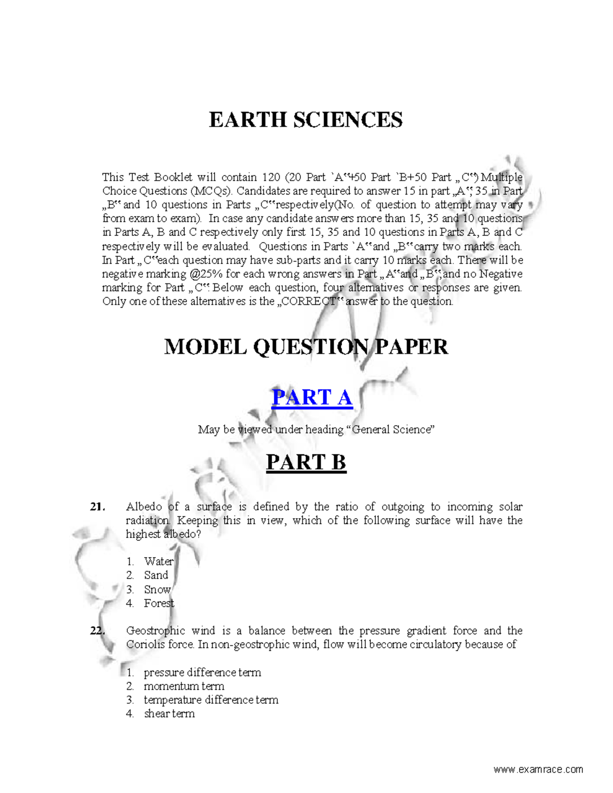 CSIR Earth Sciences Official Model Paper - EARTH SCIENCES This Test ...