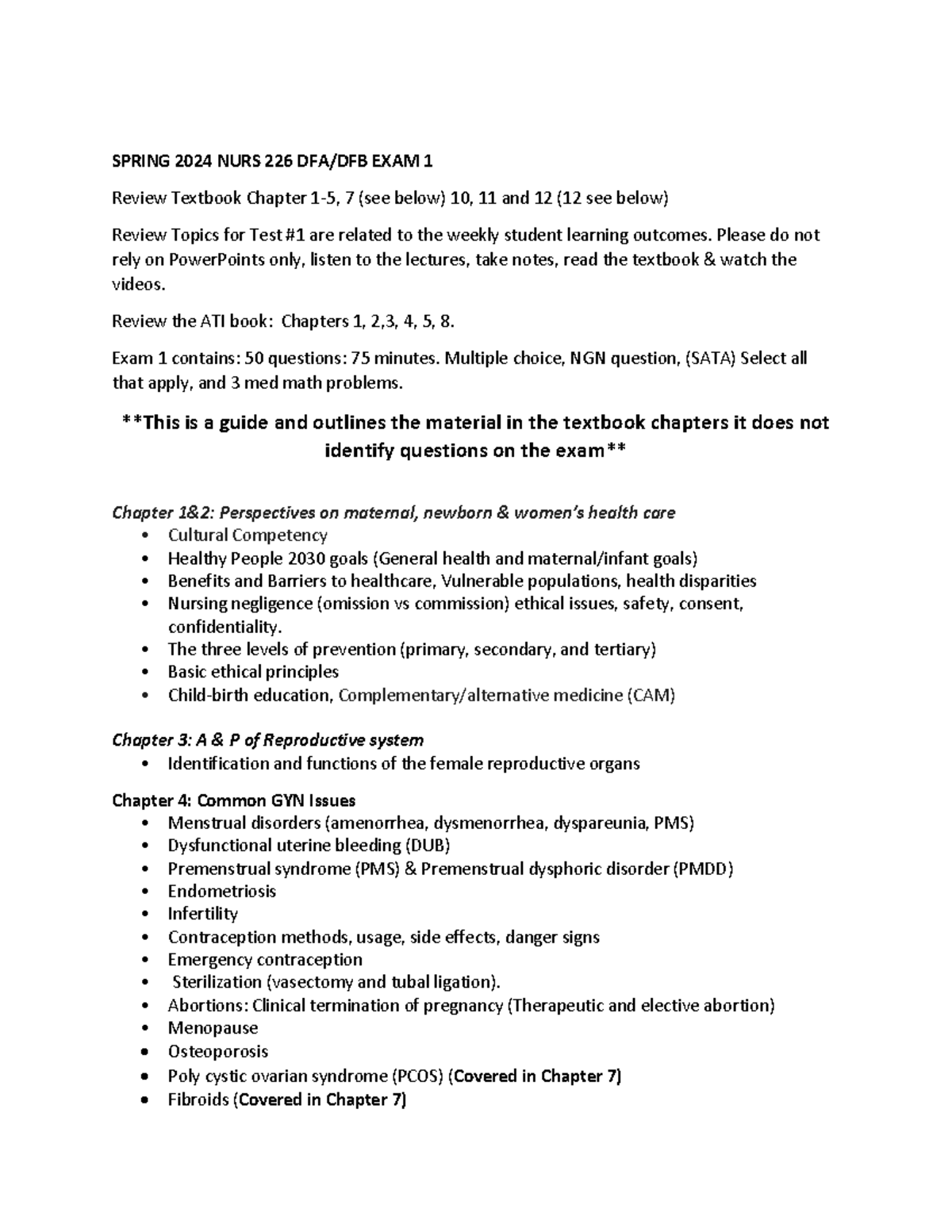study guide for exam - SPRING 2024 NURS 226 DFA/DFB EXAM 1 Review ...